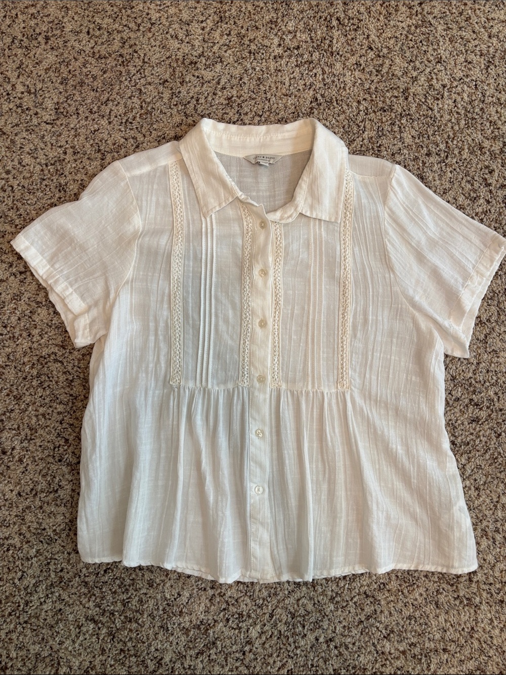 Lucky Brand Cream Button-Front Blouse with Pintuck & Lace